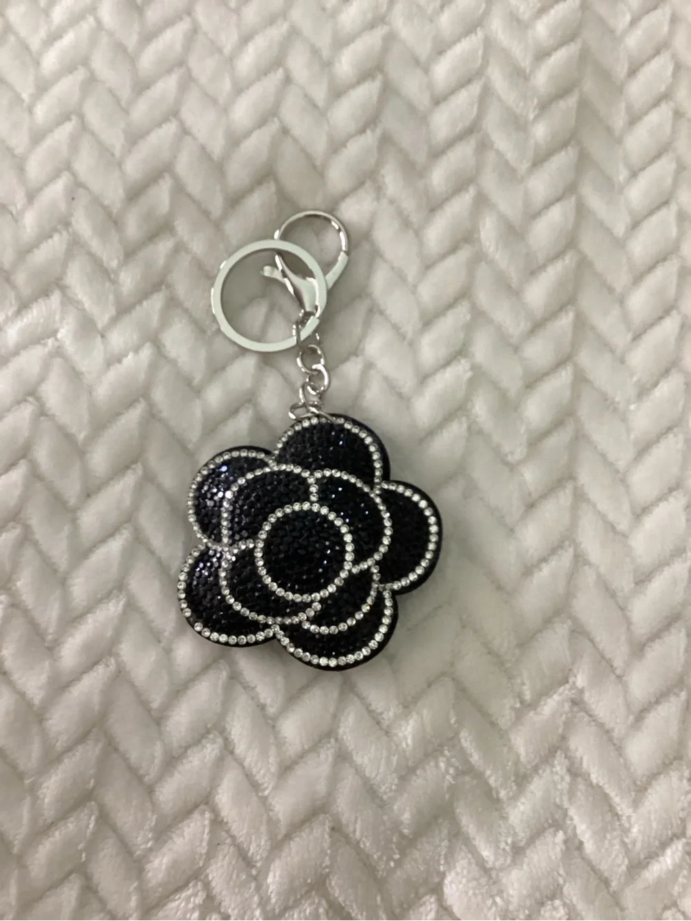 Black Rhinestone Flower Keychain or Purse Charm